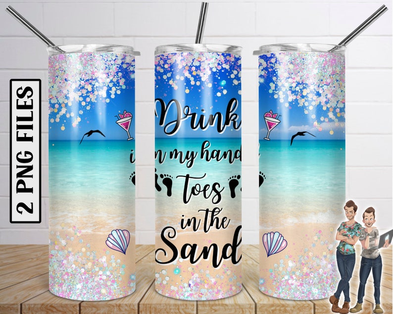 May include: Two stainless steel tumblers with a glitter finish and a beach scene design. The tumblers feature the text "Drink in my hand, toes in the sand".