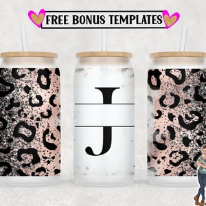 Leopard Monogram J 16oz Libbey Can Wrap PNG File, Insert Your Own Text, Libbey Glass Can Sublimation Design, Digital Can Wrap