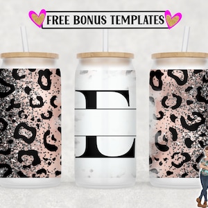 Leopard Monogram E 16oz Libbey Can Wrap PNG File, Insert Your Own Text, Libbey Glass Can Sublimation Design, Digital Can Wrap