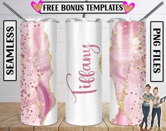 Add Your Own Text Pink Agate Gold Glitter Sublimation Tumbler Design, 20oz Skinny Tumbler Template, PNG