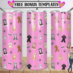 May include: Three pink stainless steel tumblers with a seamless pattern of doodle-style dogs in various poses. The tumblers are 20 ounces and have a white lid. The text "FREE BONUS TEMPLATES" and "PNG FILES" are visible on the image.
