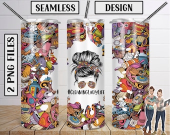 Cleaning Lady Life Skinny Tumbler 20oz Design, Cleaning Lady Tumbler Download, Messy Bun, Cleaner Girl, PNG