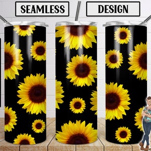 Nahtloser schwarzer Sonnenblumen Skinny Becher 20oz Design, Sonnenblumen Becher, Nahtlose Sonnenblume Schwarz, Becher, PNG
