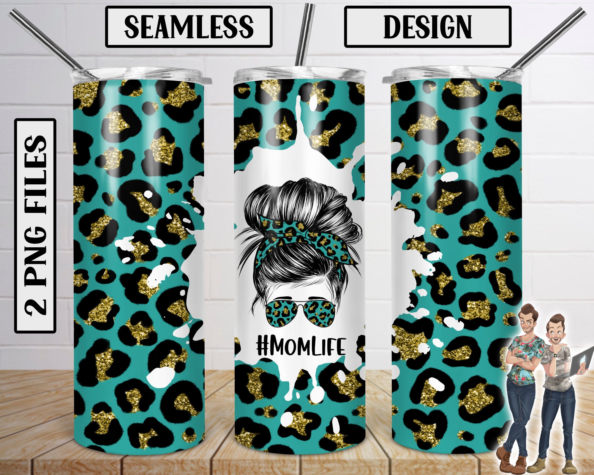 Seamless Mom Life Teal Glitter Leopard Skinny Tumbler 20oz Design ...