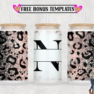 Leopard Monogram n 16oz Libbey peut envelopper le fichier PNG, insérer votre propre texte, conception de sublimation de la boîte en verre libbey, enveloppement numérique