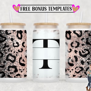 Leopard Monogram T 16oz Libbey peut envelopper le fichier PNG, insérer votre propre texte, Libbey Glass peut sublimation conception, Digital Can Wrap