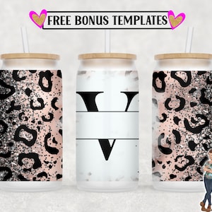 Leopard Monogram V 16oz Libbey Can Wrap PNG File, Insert Your Own Text, Libbey Glass Can Sublimation Design, Digital Can Wrap