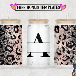 Monogramme léopard Un fichier PNG de 16 oz Libbey peut envelopper, insérer votre propre texte, conception de sublimation de boîte en verre libbey, enveloppement numérique