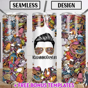 Könnte beinhalten: Ein Sublimationsdesign für einen Becher mit einem Cartoon-Putzmann mit Sonnenbrille und dem Text "#CleaningGuyLife". Der Hintergrund ist ein farbenfrohes Muster aus Reinigungsmitteln und Werkzeugen.