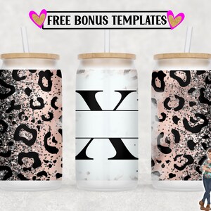 Leopard Monogram X 16oz Libbey Can Wrap PNG File, Insert Your Own Text, Libbey Glass Can Sublimation Design, Digital Can Wrap
