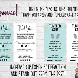 May include: Two printable thank you cards with a turquoise background and glitter overlay. The cards feature the text "Thank You" and a discount code. Two printable tumbler care cards with a turquoise background and glitter overlay. The cards feature the text "Tumbler Care" and instructions for hand washing only. The cards are editable and can be customized with your shop name and social media handles.