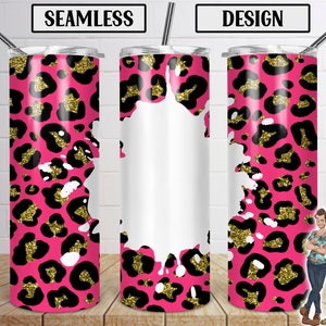 Seamless Pink Glitter Leopard Skinny Tumbler 20oz Design, Add Your Own Text Leopard Tumbler Download, Cheetah Design, Leopard Tumbler, PNG
