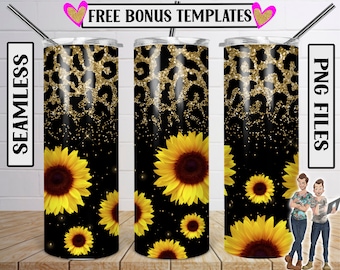 Solrosor Tumbler Designs, Glitter Leopard 20oz Small Tumbler Wrap, Sömlös Glitter Tumbler Mall - PNG Digital Nedladdning