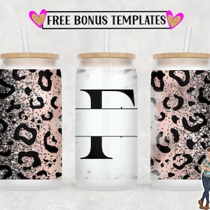 Leopard Monogram F 16oz Libbey Can Wrap PNG File, Insert Your Own Text, Libbey Glass Can Sublimation Design, Digital Can Wrap