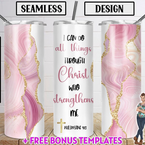 20oz Skinny Tumbler I Can Do All Things Through Christ Sublimation Design, Agate Glitter Tumbler Straight/Warped PNG File Download