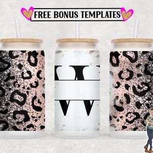 Leopard Monogram W 16oz Libbey Can Wrap PNG File, Insert Your Own Text, Libbey Glass Can Sublimation Design, Digital Can Wrap
