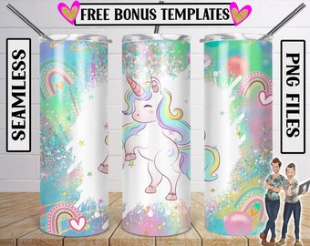 Rainbow Unicorn Glitter 20oz Skinny Tumbler Sublimation Design Template, Unicorn Tumbler Wrap, Kids Tumbler PNG Instant Download