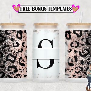 Leopard Monogram S 16oz Libbey Can Wrap PNG File, Insert Your Own Text, Libbey Glass Can Sublimation Design, Digital Can Wrap
