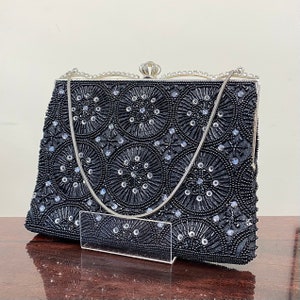 Vintage Black & Silver Double Sided Beaded Evening Bag Handbag with Sparkling Diamanté Details