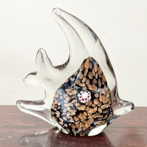 Black Murano Glass Angel Fish Figure Vintage 1960’s - 1970’s Hand Blown Figurine Ornament with Aventurine and Millefiori