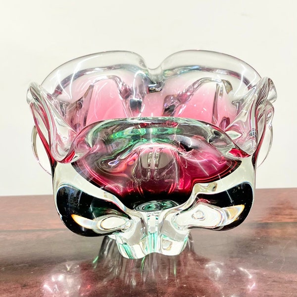 Vintage Mid Century Josef Hospodka Chribska Czechoslovakia 1960s Clear Pink & Teal Art Glass Bowl Vase