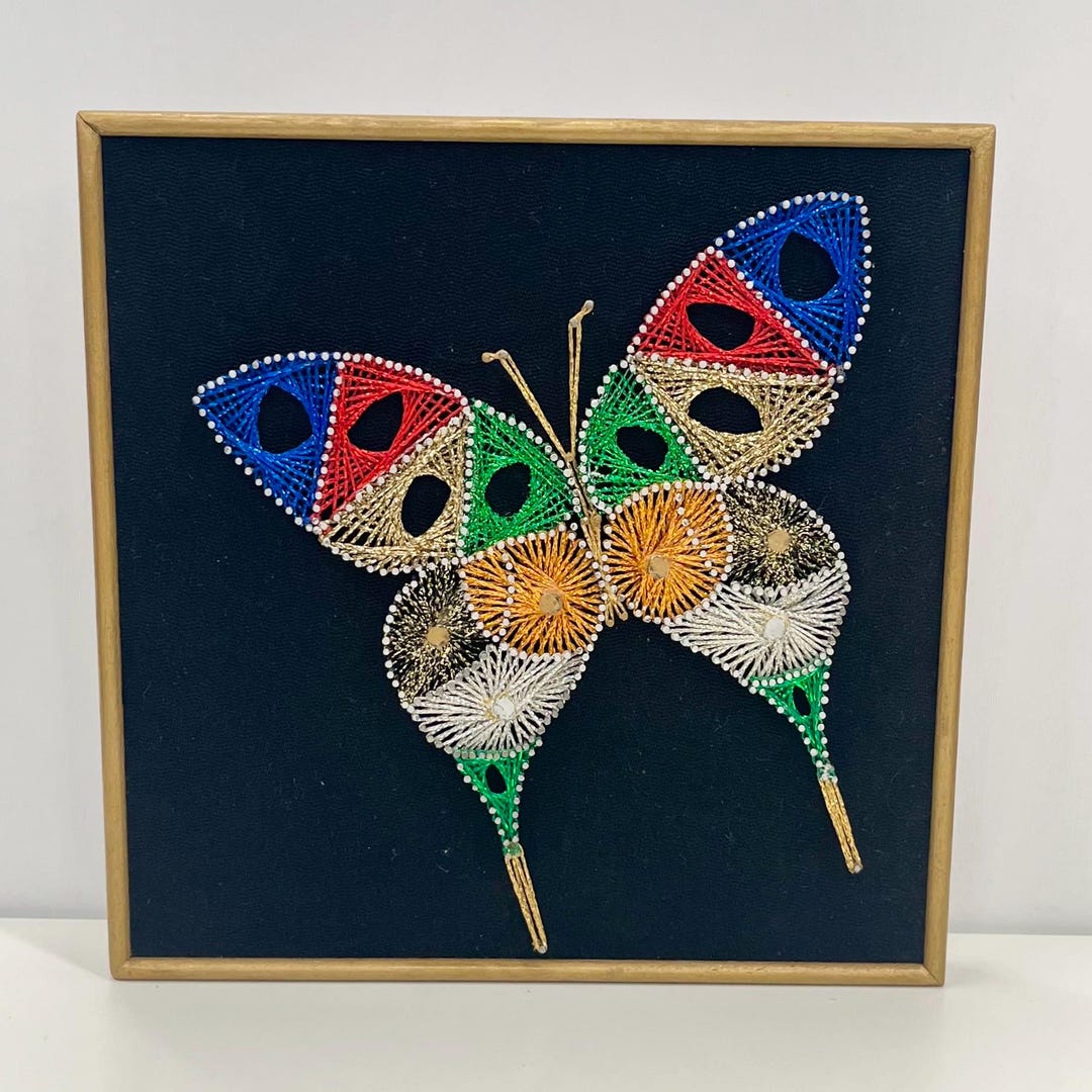 Vintage Original 1970’s Metallic String Art Picture Butterfly Geometric ...