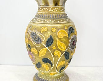 Vintage Mid Century West German Pottery Floral Vase Bay Keramik 62-30 Green Yellow Purple Blue Design