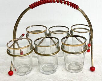 6 x Vintage Mid Century Retro Shot Glasses in a Brass Shot Glass Carry Caddy