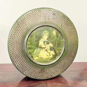 Antique Vintage Round Biscuit Tin in Green and Gold Colours with a Girl & Dog Image to the Lid
