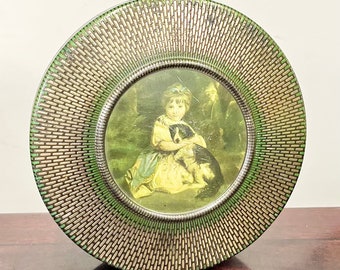 Antique Vintage Round Biscuit Tin in Green and Gold Colours with a Girl & Dog Image to the Lid