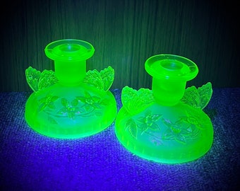 2 x Pretty Green Uranium Glass Floral Butterfly Candlestick Holders Art Deco Sowerby Beautiful Glow Under UV