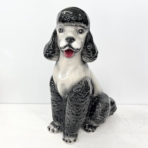 Large Vintage Black Grey Sitting Poodle Dog Porcelain Figure Figurine Dog Ornament 37cm