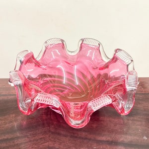 Unusual Antique / Vintage Ruby Red Cranberry Glass Dish / Bowl Handblown with a Ruffled Scalloped Rim & Swirled Base