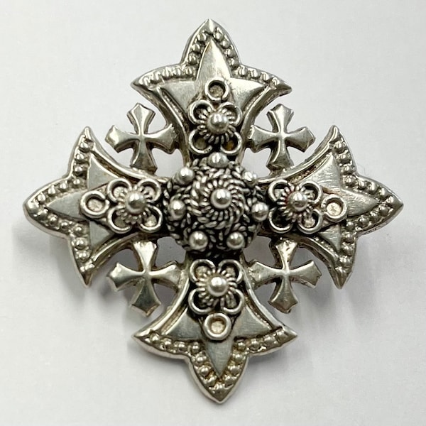 Vintage Continental 900 Silver Jerusalem Crusader Cross Brooch / Pendant Maltese Cross Style Four Religious Images To The Back