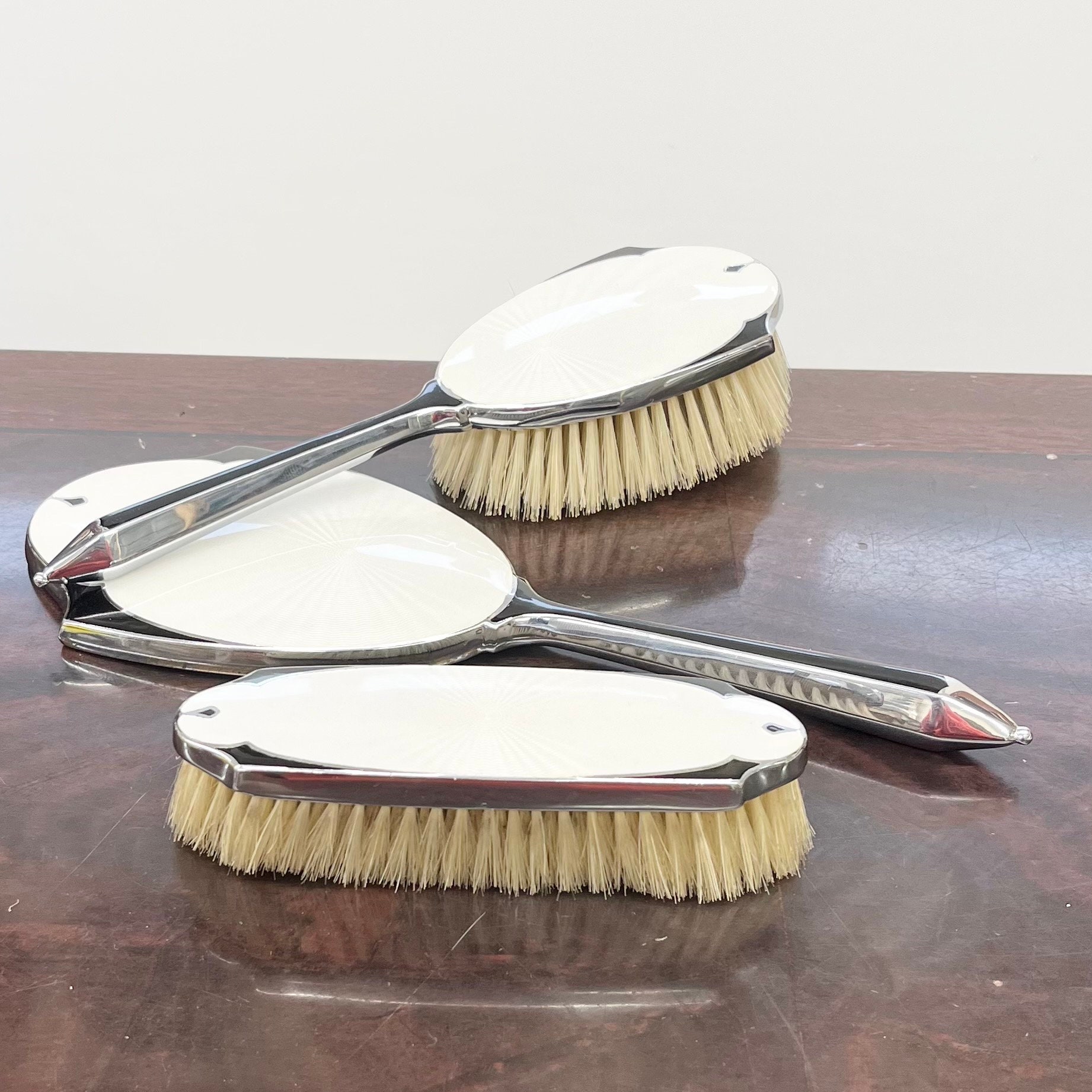 Vintage Art Deco 1930’s Black White Guilloche Enamel Vanity Set with Two Brushes & Hand Mirror Chrome Plated