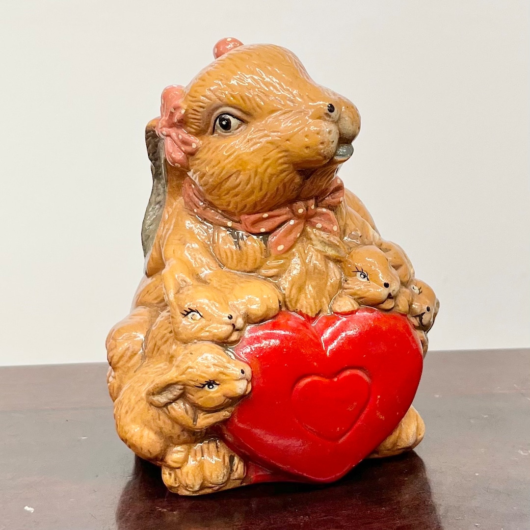 Sooty Rabbit Money Box Vintage Ceramic Pottery Rabbit Money Box With Love Heart and Baby ...