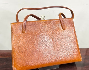 Vintage Tan Brown Leather Handbag Hard Case with a Suede Lining & Gold Metal Clasp 1950's - 1960's