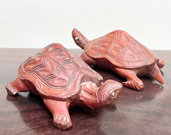 Pair of Vintage Hand Carved Wooden Chinese Oriental Turtle Tortoise Figures with Glass Eyes