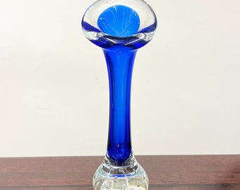 Vintage Aseda Art Glass Zweedse Royal Blue & Clear Controlled Bubble Base Bud Vaas