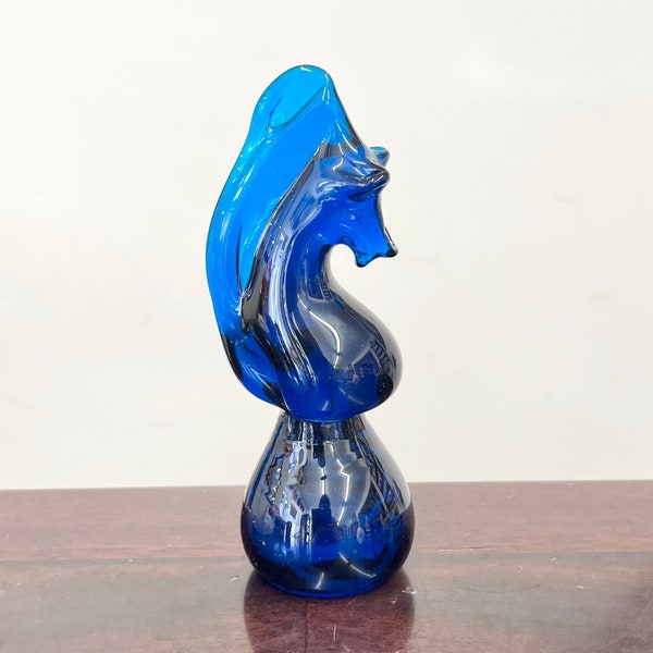 Vintage Mid Century Blue Glass Seahorse Figurine Kitsch Art Glass Decorative Ornament / Paperweight Possibly Murano or Mdina