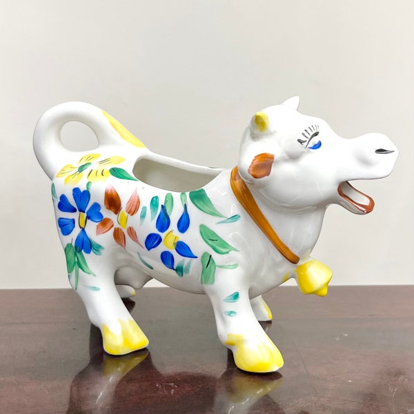 Beautiful Vintage White Hand Painted Floral Cow Shaped Creamer by Arthur Woods