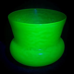 Vintage Mottled Handblown Large Bulbous Uranium Glass Vase with a Vaseline Uranium Green Glass Glow under UV Light