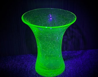 Vintage Art Deco Green Uranium Crackle Glass Vase Bright Green Uranium Glow Under UV