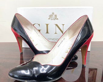Vintage 1980’s Gina Shoes Black & Red Patent Leather 4” Heel Size UK 6.5 Super Cool Retro Red Heels