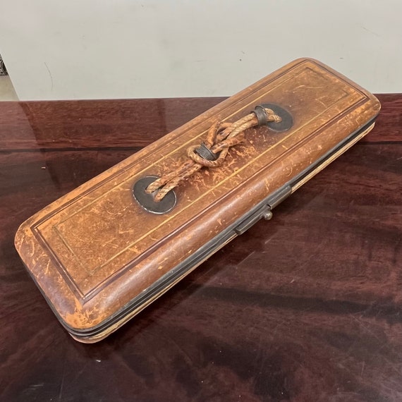 Antique Victorian Leather & Brass Glove Box Case … - image 1