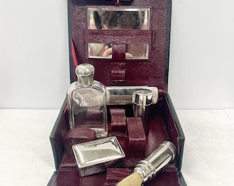 Antique 1910 - 1920’s Mens Grooming Vanity Shaving Kit in a Leather Bound Box with Chrome Plated Pots and Accessories & a Removeable Mirror