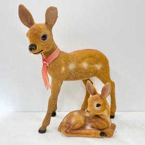 Vintage 1960’s 1970’s Flocked Brown Mother and Baby Deer / Fawn Figurines Retro Kitsch Animal Ornaments
