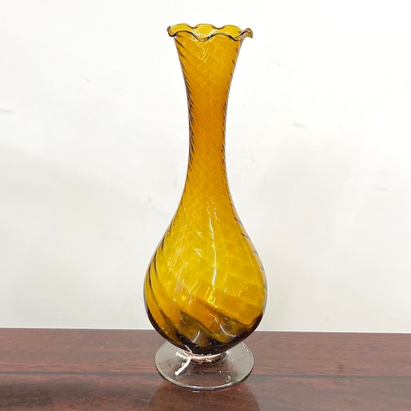 Vintage Topaz Amber Coloured Glass Vase Beautiful Twisted Design with a Fluted Frilled Rim