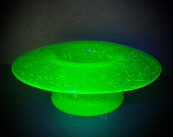 Stunning Vintage Green Uranium Glass Console Bowl / Toothpick Holder Hand Blown Bubble Glass