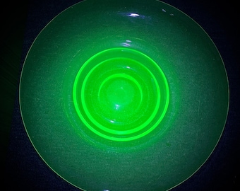 Large Art Deco Teal Green Uranium Glass Centrepiece Fruit Bowl / Dish Hand Blown & Spun 37cm Diameter